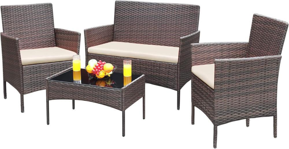4-Piece Patio Furniture Set - Outdoor Wicker Rattan Conversation Set w/ Loveseat