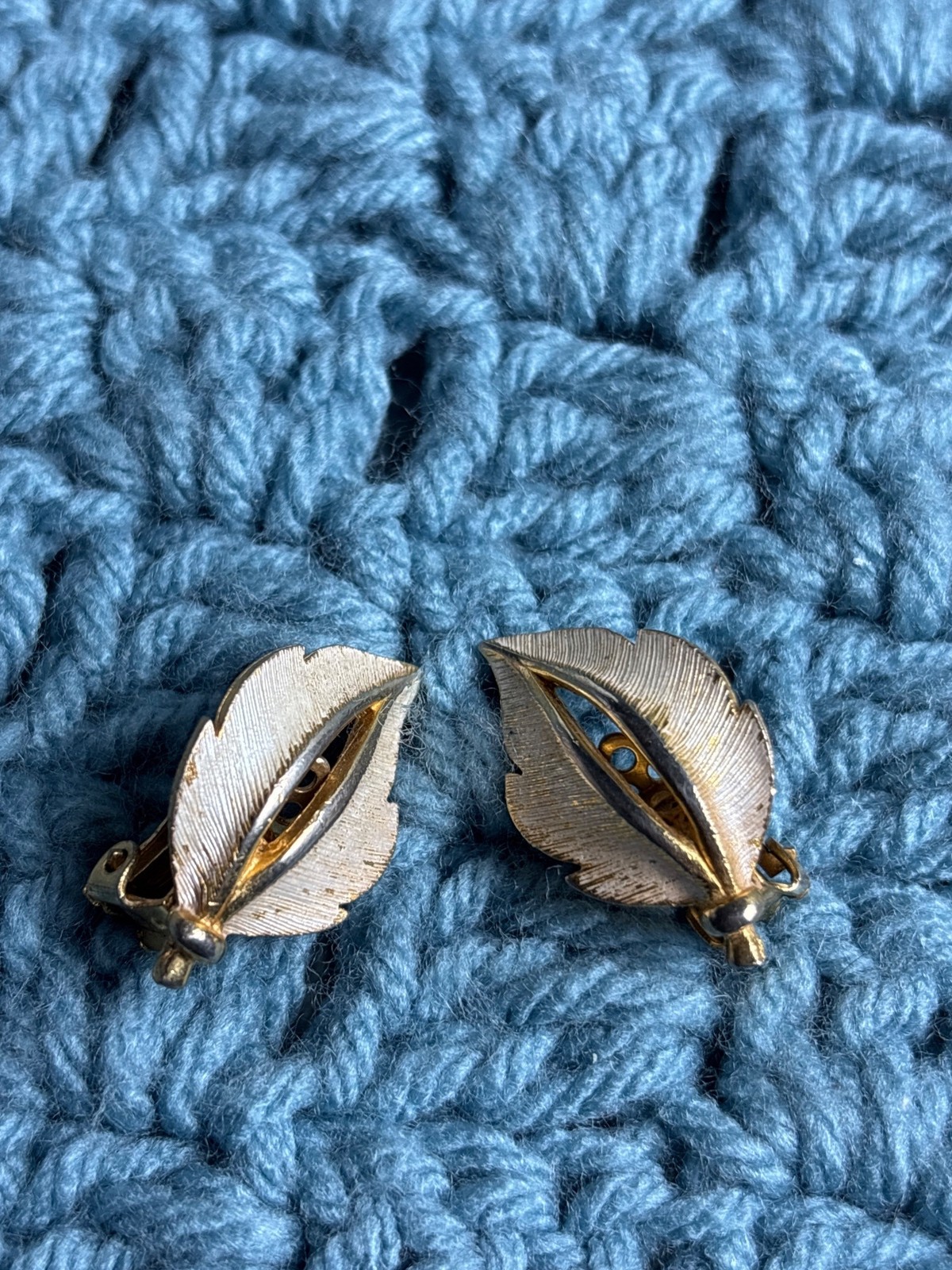 Vintage Brushed Goldtone White Leaf Clip On Earrings 1.25 inches