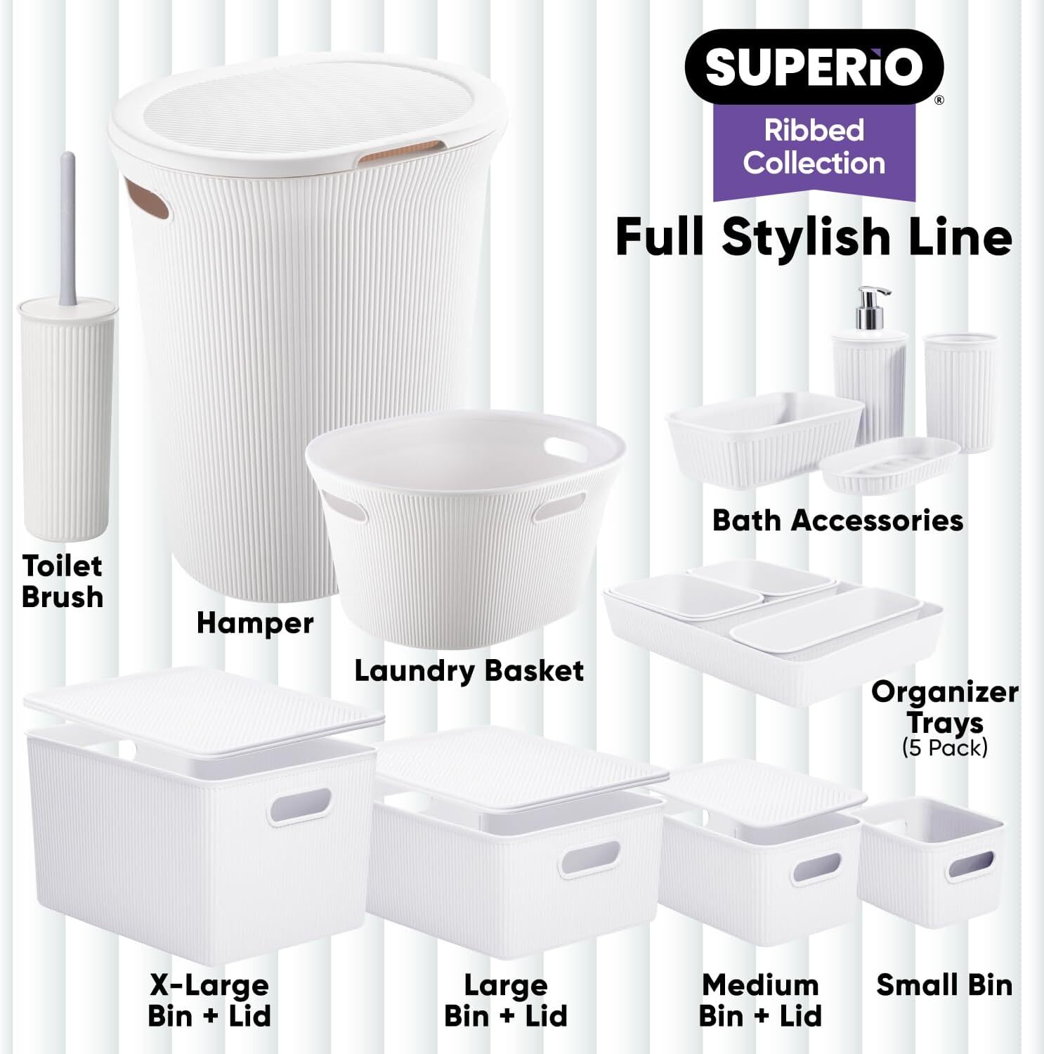 Superio Medium White Ribbed Storage Bin, Plastic Storage Basket (15 Liter)
