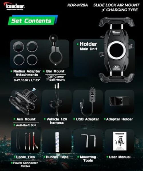 Motorcycle Smartphone Holder, Air Mount Vibration Absorption, QI & USB