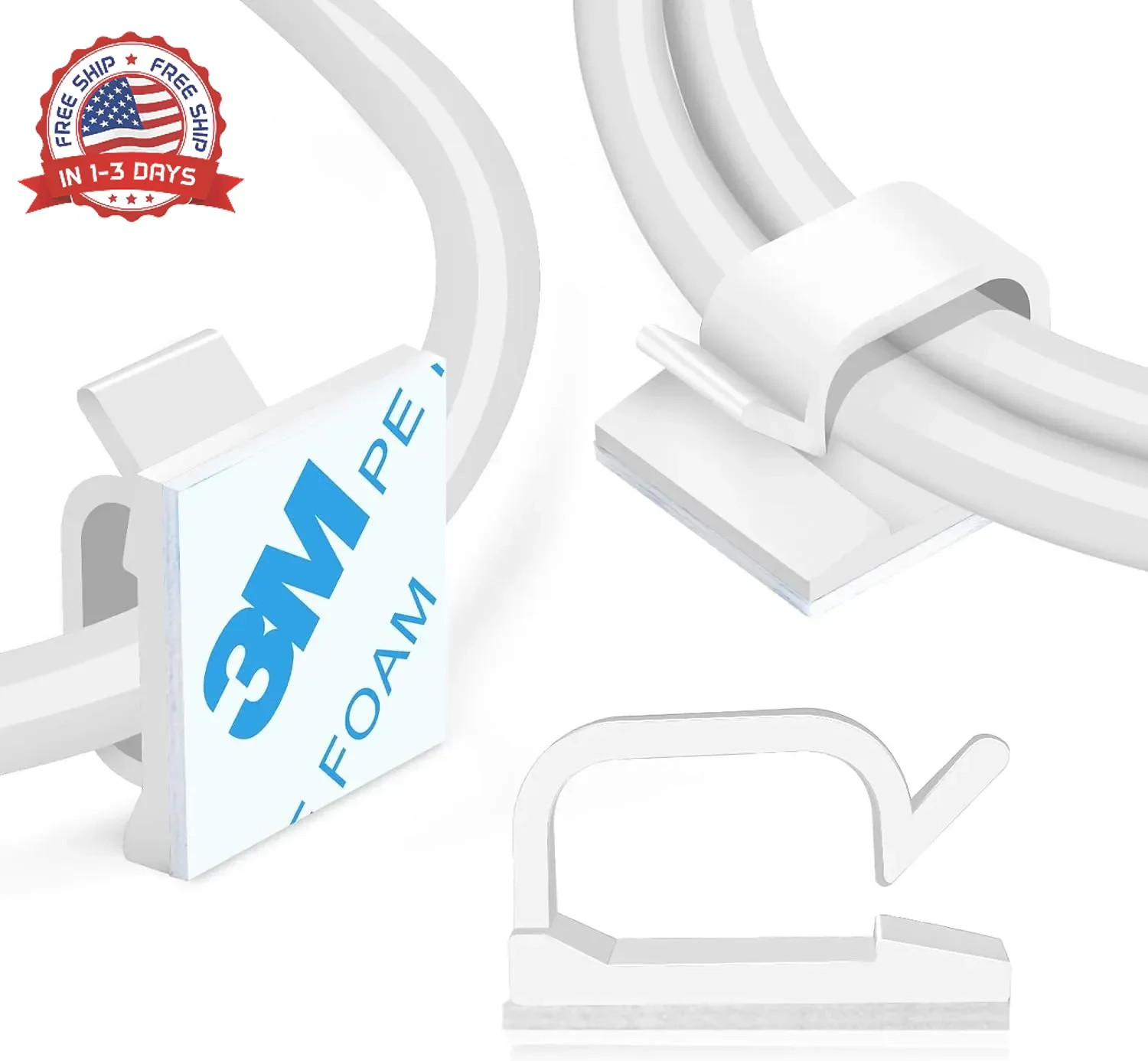 5/8" Adhesive Cord Clips White 60PCS, Outdoor Christmas Light Clips, Cable M