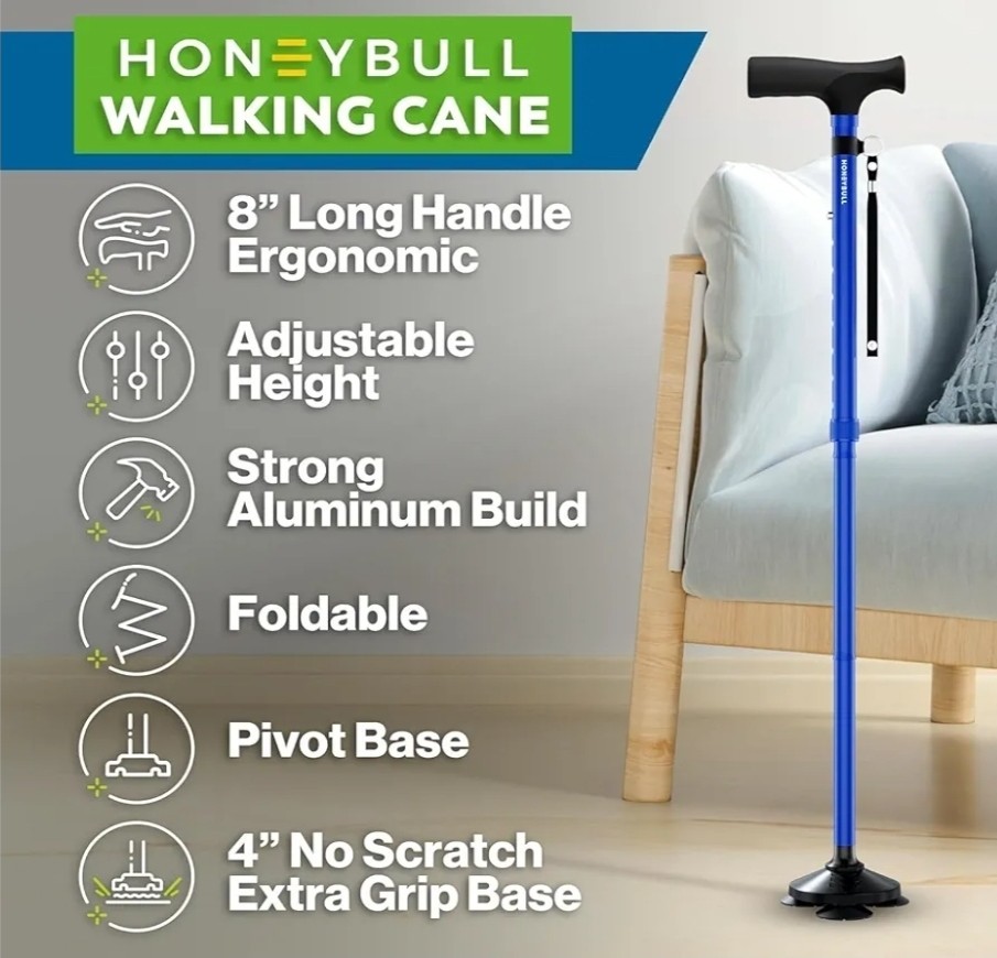 Walking Cane Foldable, Adjustable, Collapsible, Free Standing Blue