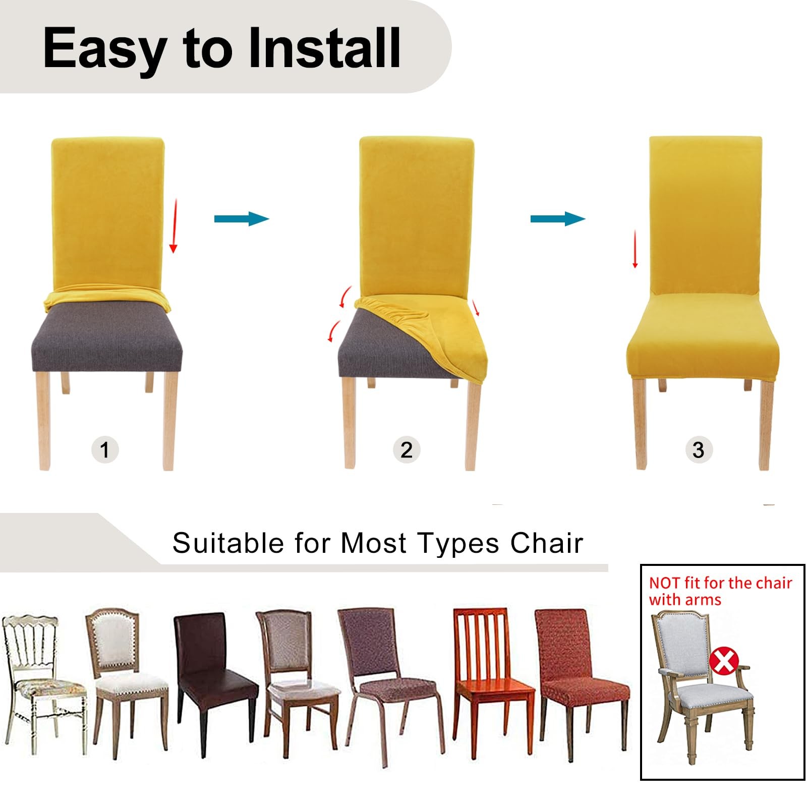 Smiry Velvet Stretch Dining Room Chair Covers Set of 4, Mustard Yellow