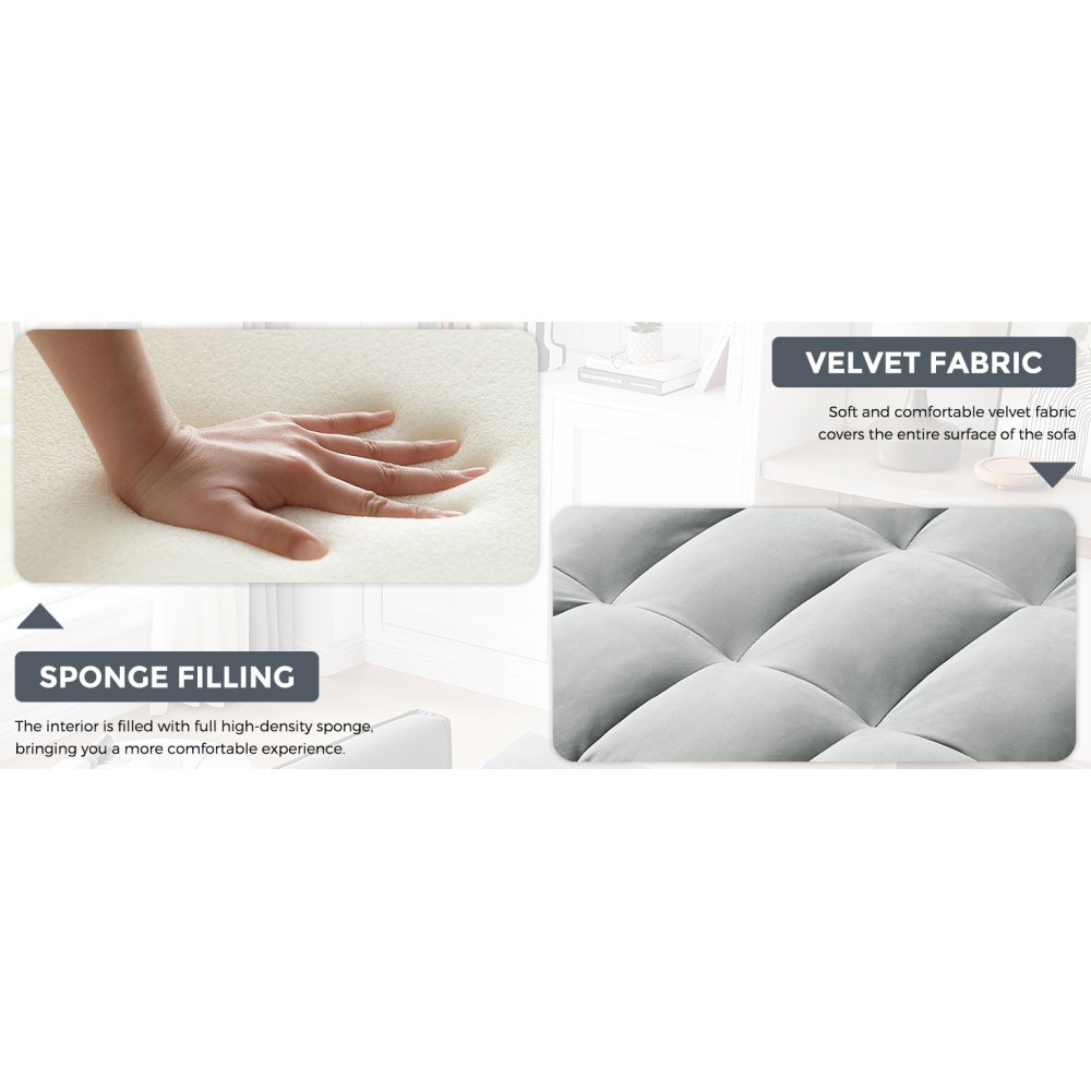 Velvet Convertible Sofa Bed 3-in-1 w/ Adjustable Back & Storage, Light Gray