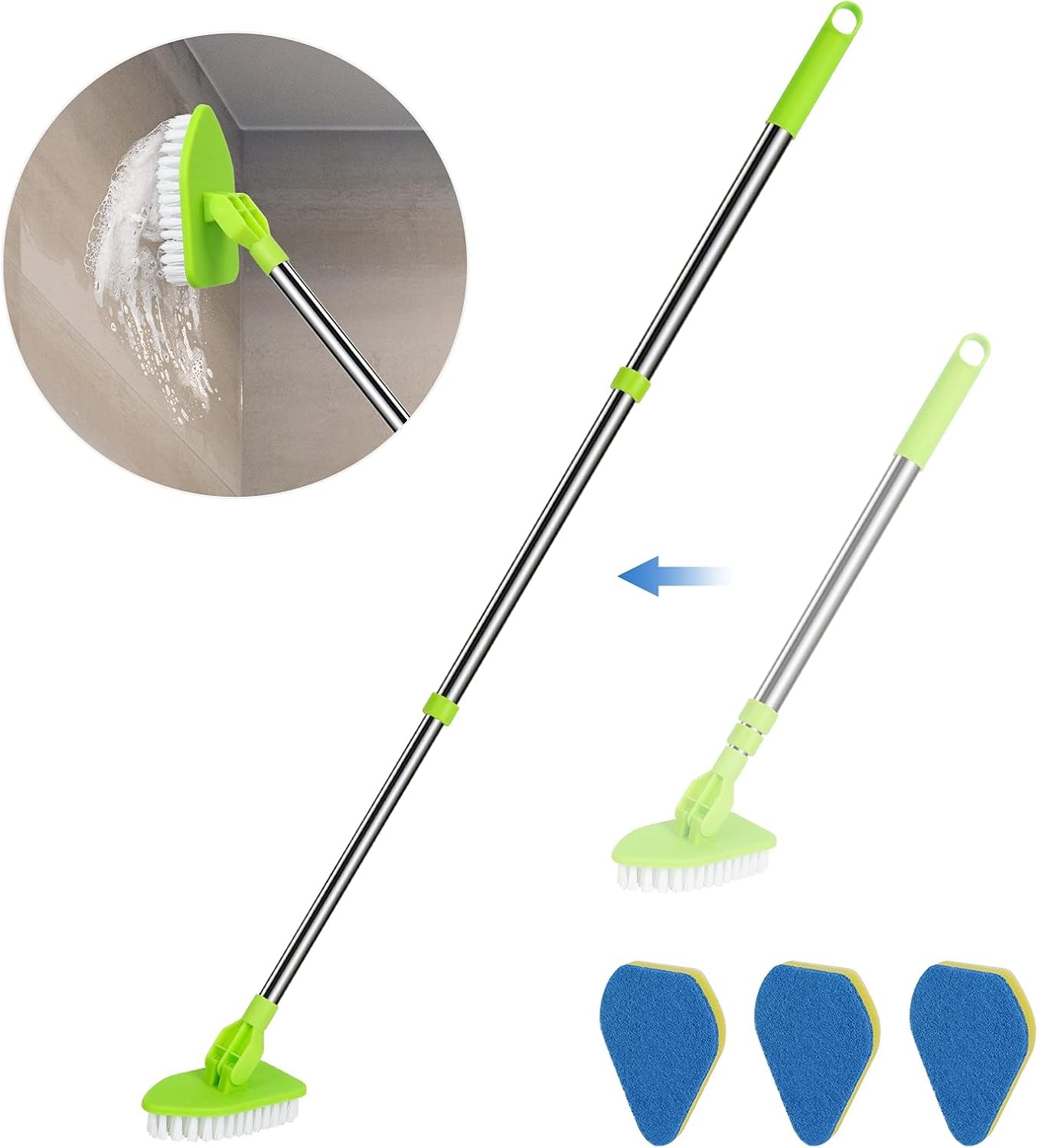2 in 1 Scrub Cleaning Brush with 37” Long Blue, Green, Silver, White