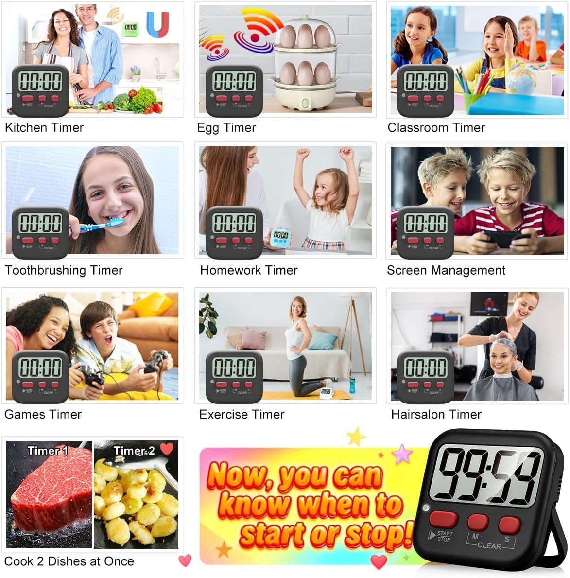 Easy View 2-Pack Kitchen & Classroom Digital Timers with Alarm & Mute Modes