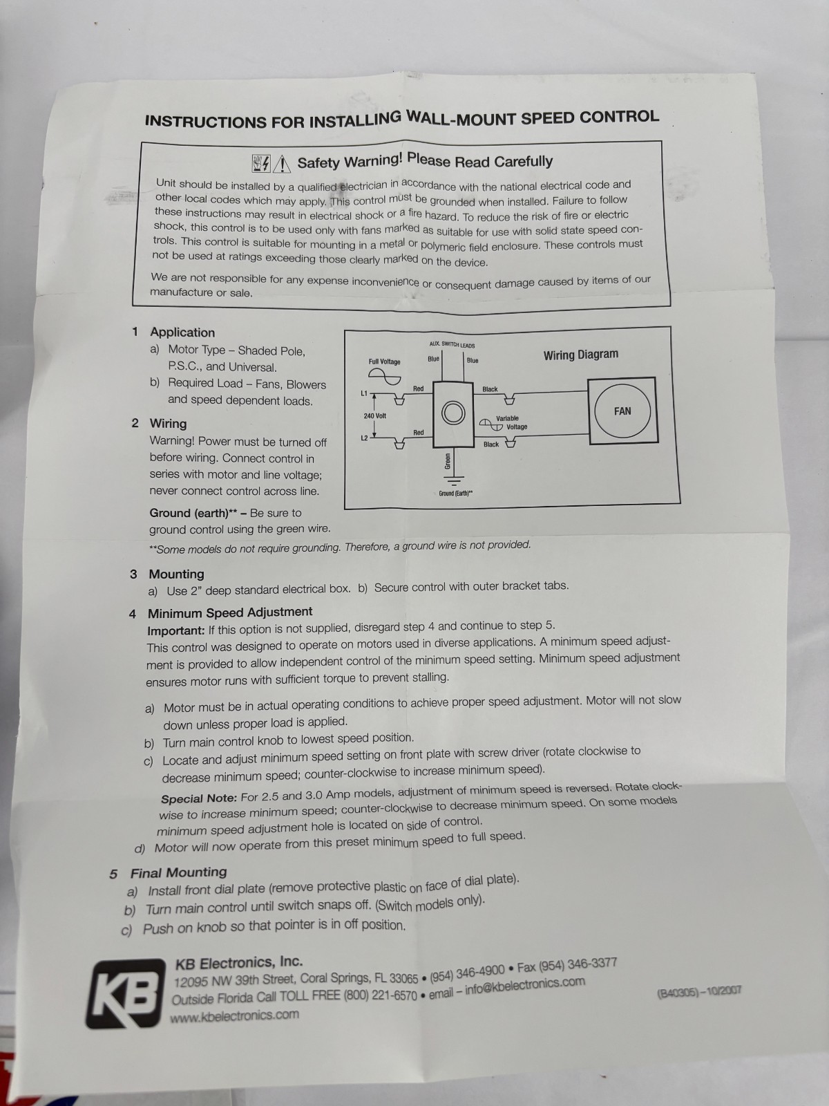 KB Electronics KBWC-25LK(4L) Solid State Motor Speed Control 5A 240V