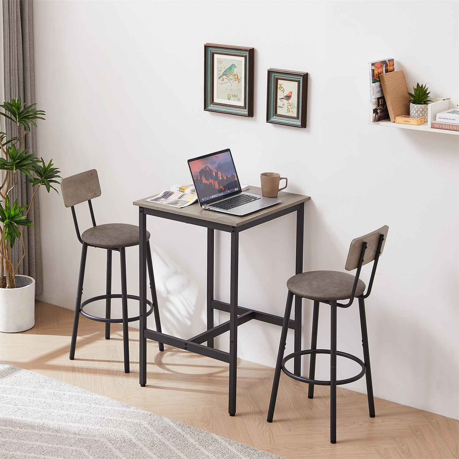 3 Piece Bar Table Set Counter Height Dining Kitchen Table with 2 Bar Stool Grey