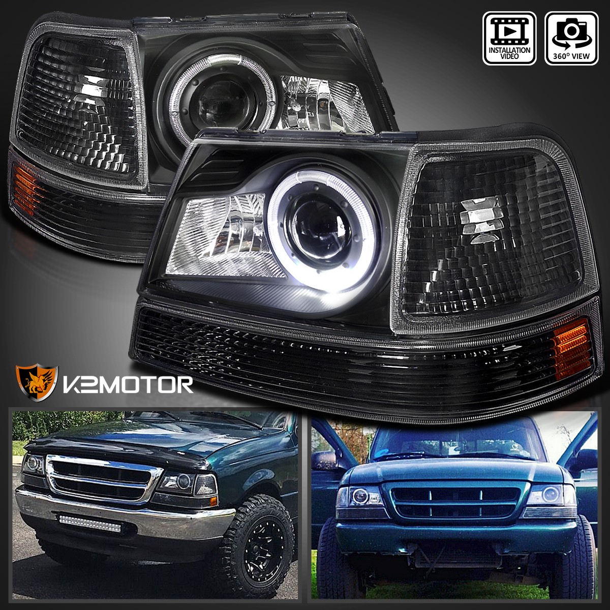 Fits 1998-2000 Ford Ranger Black Halo Projector Headlights+Corner Signal Lamps