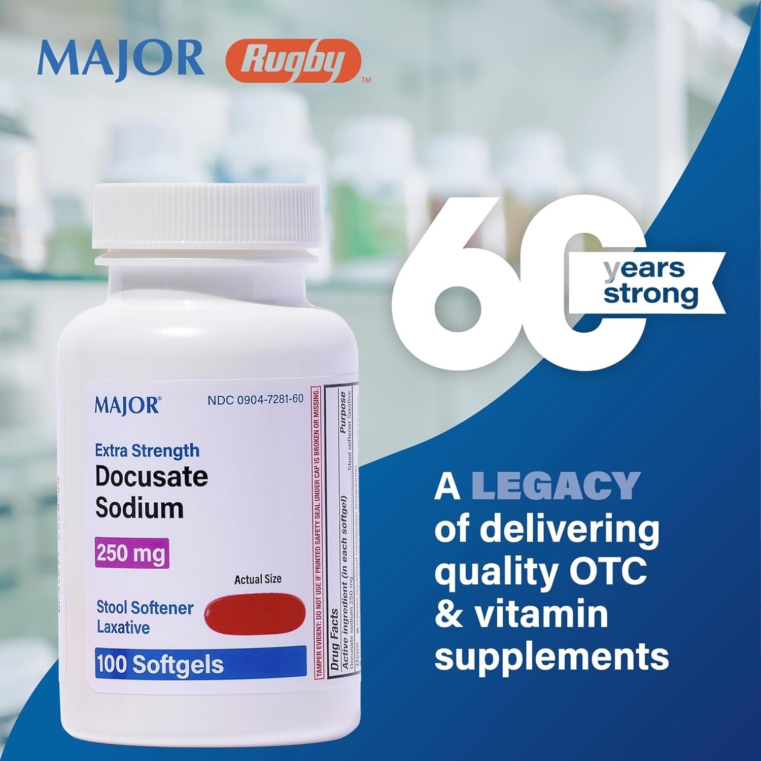 Major Docusate Sodium 250mg 100 Softgels – Constipation Relief - Stool Softner