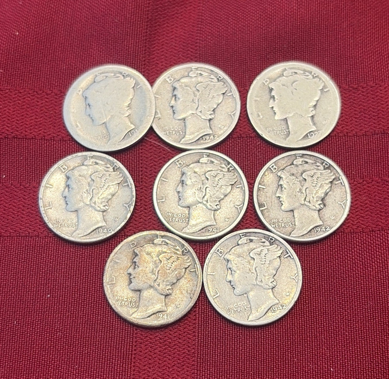 1940-1942 Mercury (Winged Liberty) Dime 10C Philadelphia Silver .900 Lot of 7