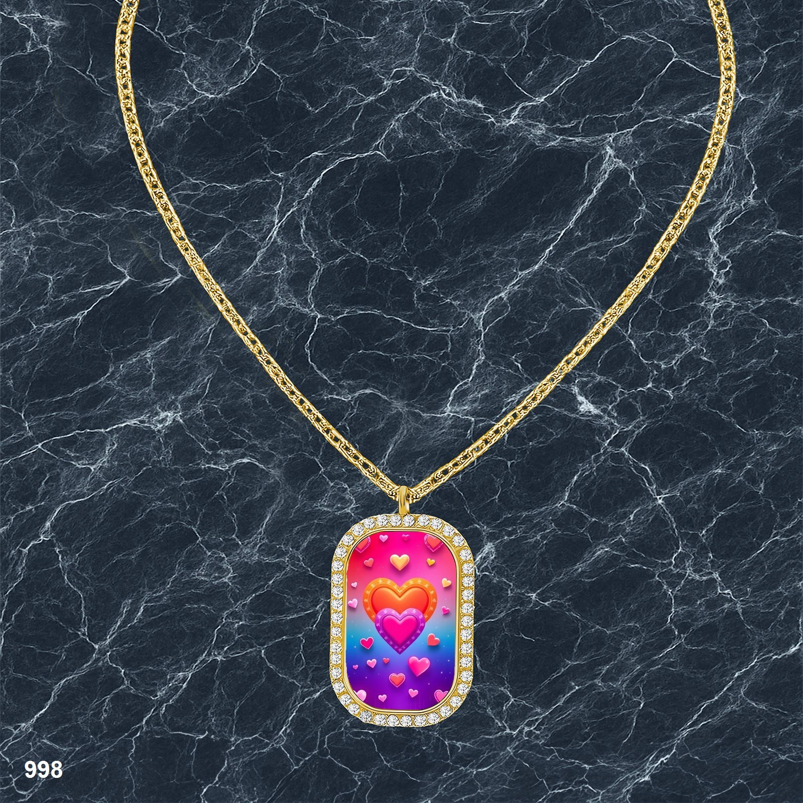 Gorgeous Colorful Hearts Pendant Necklace Graphic Design Sparkling Gold Tone Pur