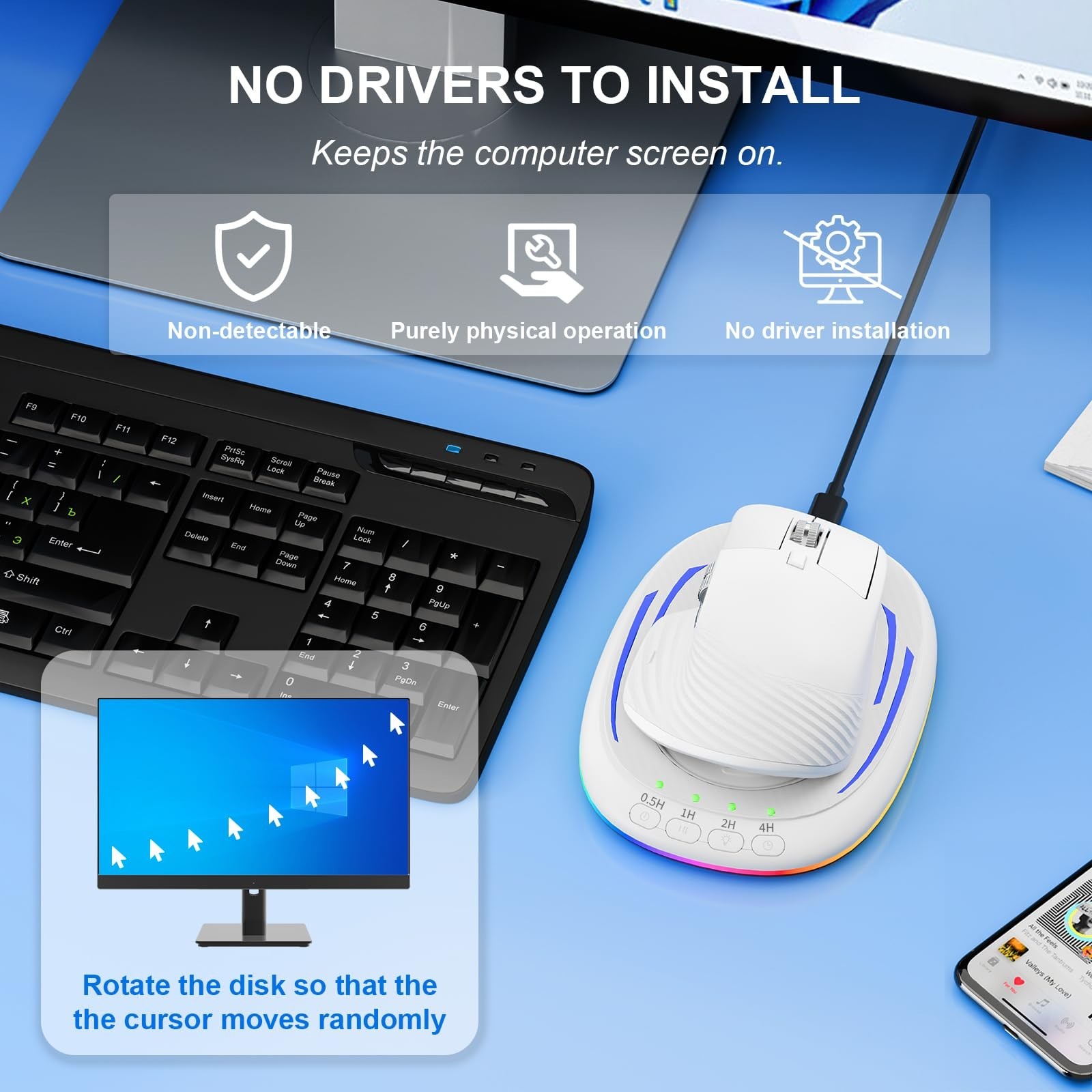 Undetectable Mouse Jiggler,Ultra-Thin & Silent Mouse Mover with Timer,Driver-...