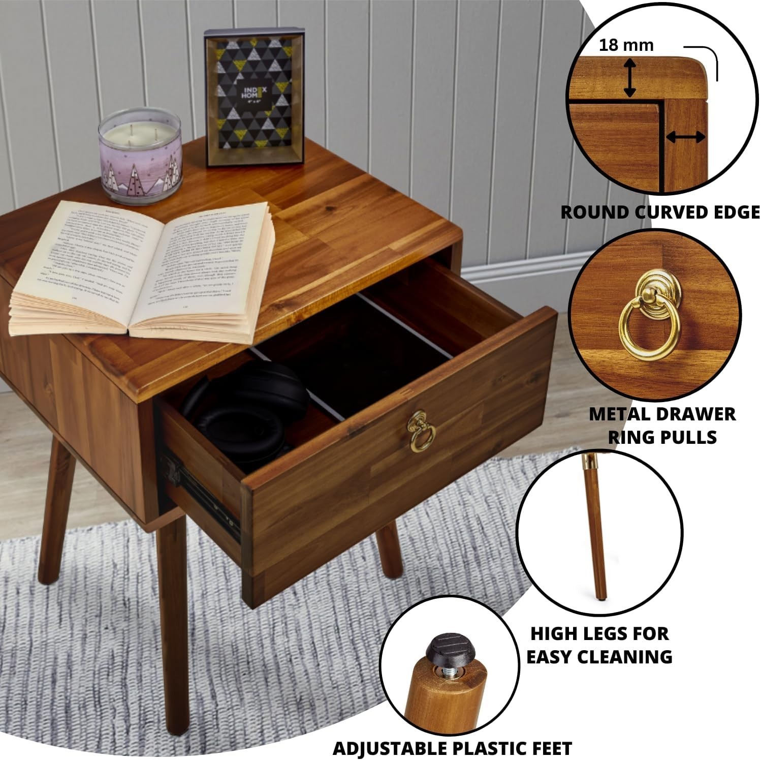 Caden Solid Wood Nightstand/Side Table/End Table Fully Assembled W/ 1-Drawer Mid