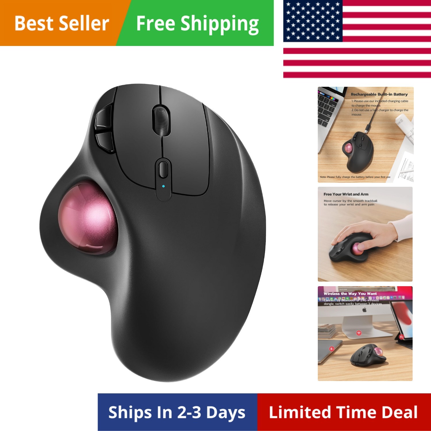 M501 Wireless Trackball Mouse, Rechargeable Ergonomic, Thumb-Controlled, Smoo...