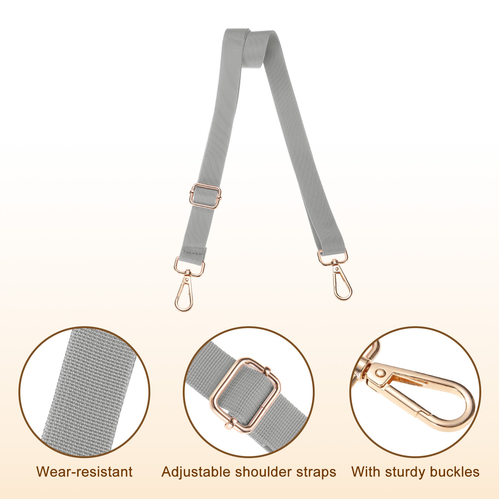 2.5cm Adjustable Silver Gray Wide Shoulder Strap w Light Gold Pull Core Buckle