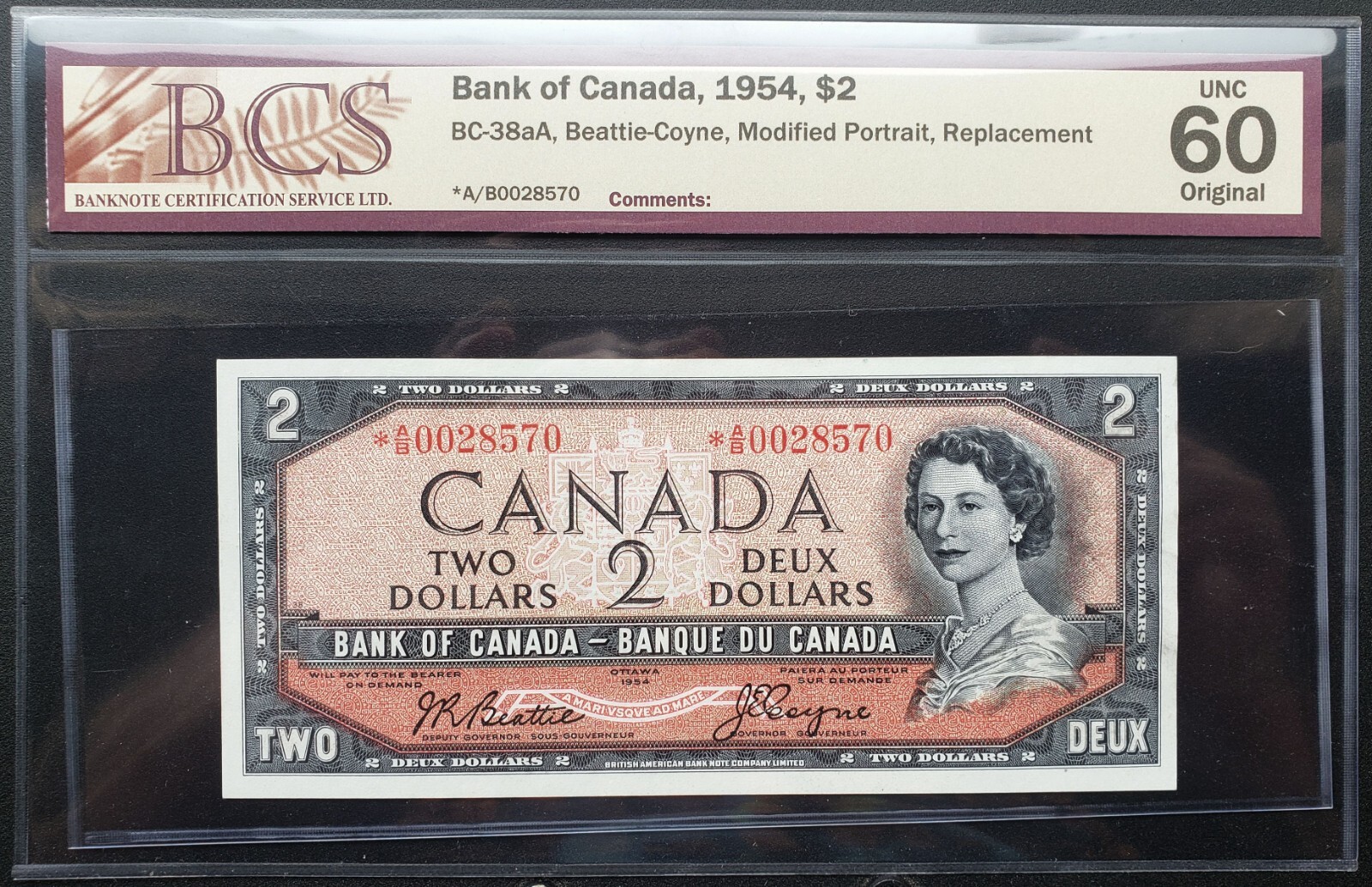 1954 Canada $2 Beattie-Coyne Replacement *A/B0028570 BCS UNC60 Original BC-38aA