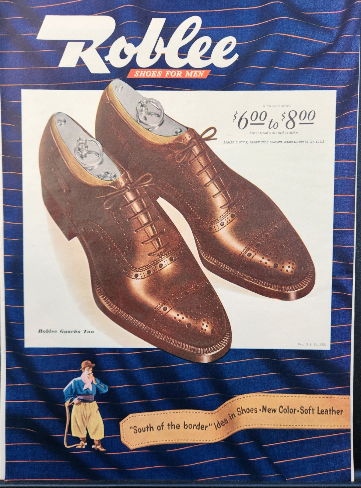 1945 Roblee Shoes Print Ad Wall Decor Ephemera Art Gaucho Tan