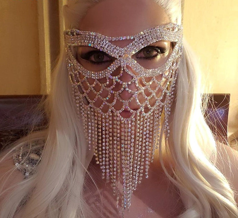 Crystal Tassel Face Mask Halloween Mask for Women Masquerade Mask Jewelry Rhines