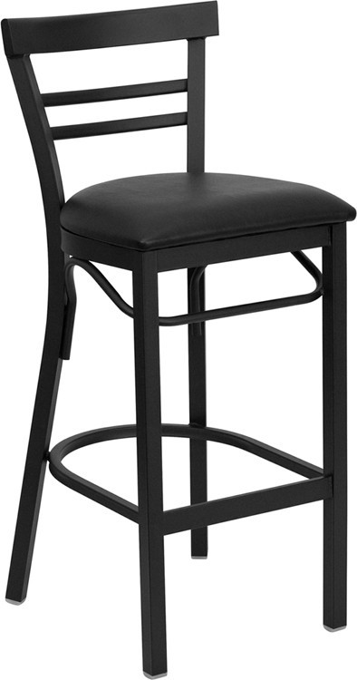 Black Ladder Back Metal Restaurant Barstool with Black Vinyl Seat