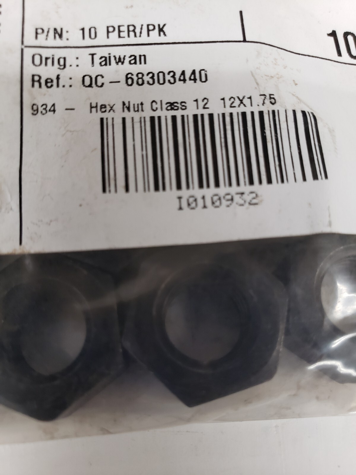 Pk/10 McMaster 934 M12 x 1.75 Coarse Thread Hex Nut Class 12 Hex Nut Black Oxide