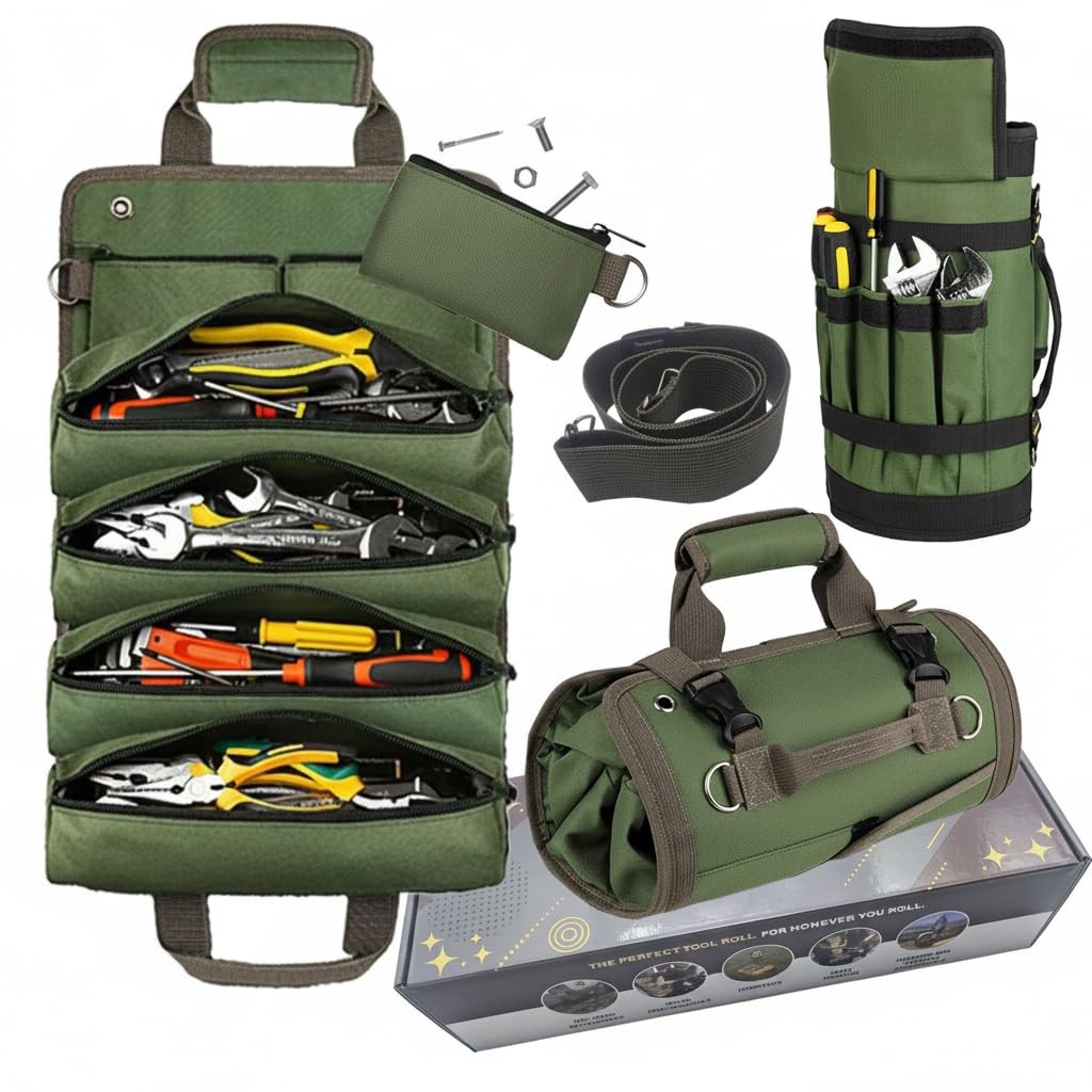 Upgraded Heavy Duty Tool Roll Up Bag Organizer with 6 Zipper Pockets  Canvas ...