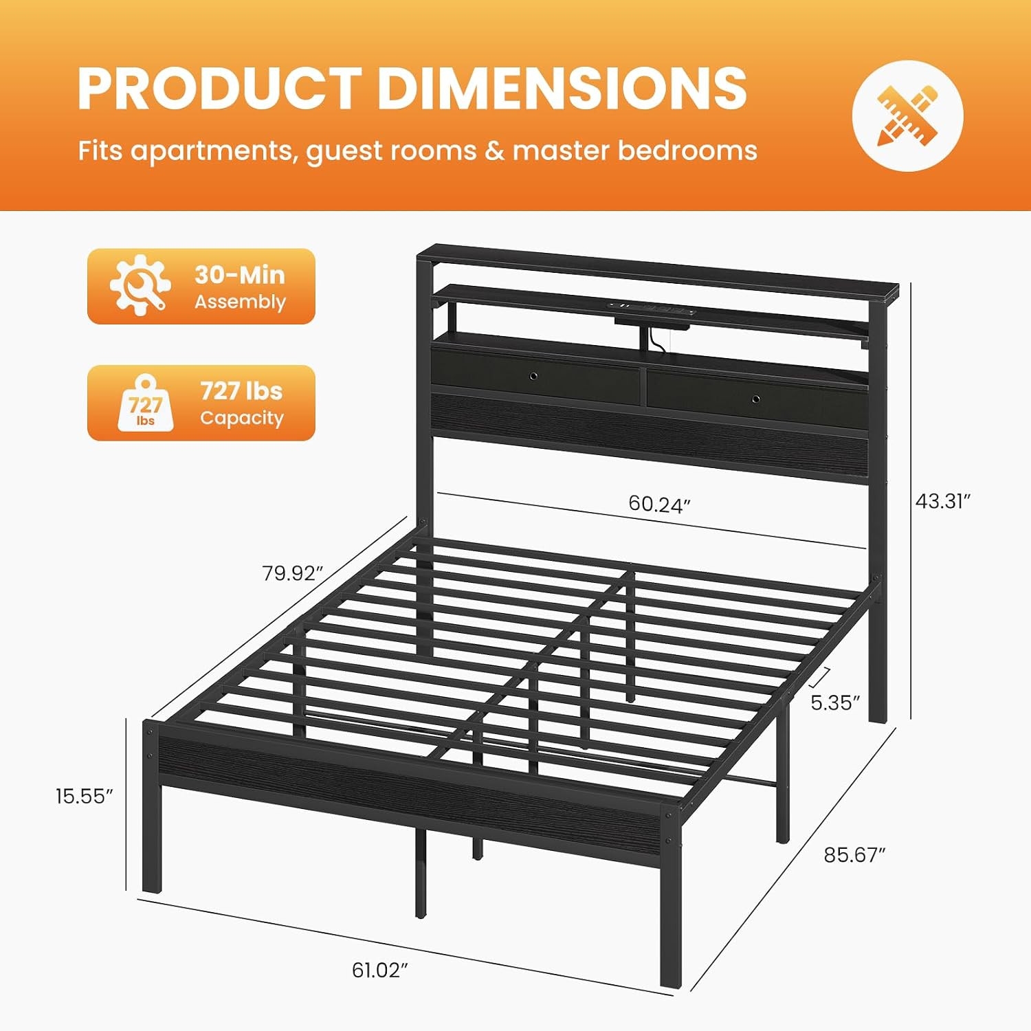 Queen Bed Frame with LED Lights and Charging Station, Platform Bedframe with Sto