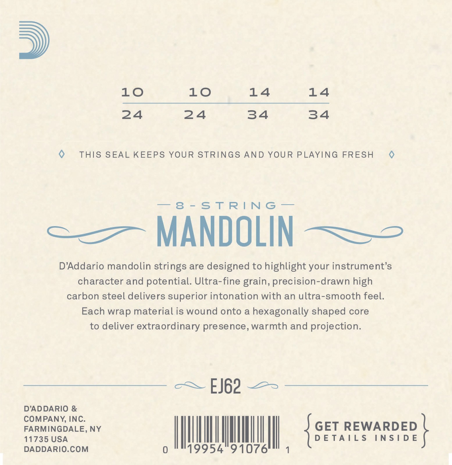 D'Addario EJ62 Mandolin Strings 80/20 Bronze Light 10-34