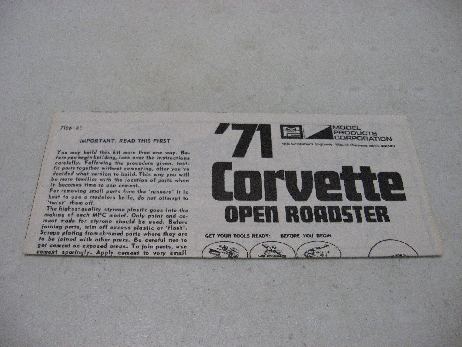 Instruction Sheet Only - MPC 1971 Corvette Open Roadster Model Kit #1-7106-200