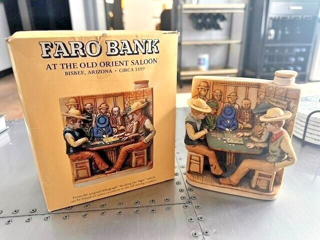 1975 HAAS BROS, LACEY WHISKEY  DECANTER FARO BANK AT THE OLD ORIENT SALOON