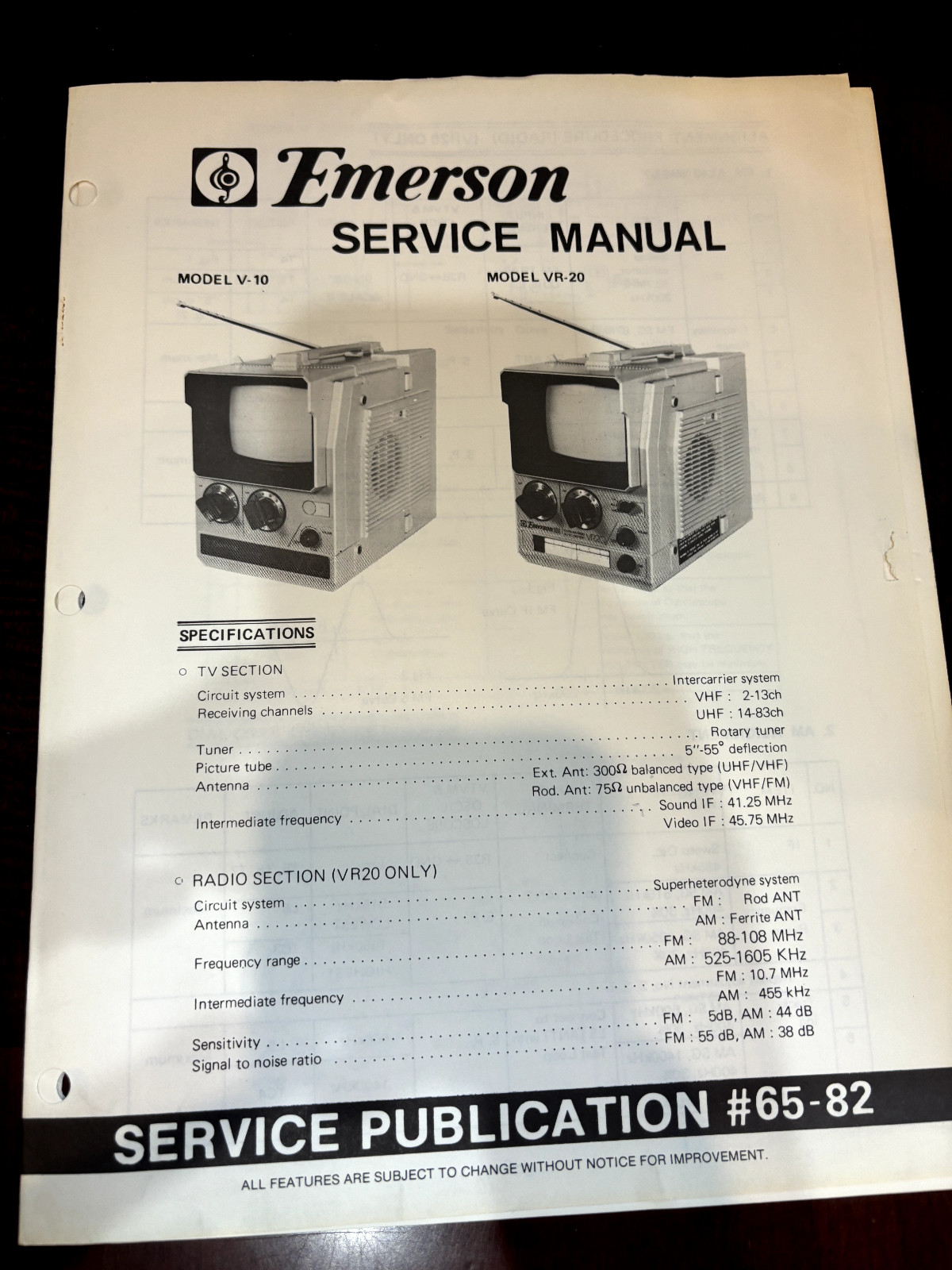 EMERSON V-10 V10 VR-20 VR20 SERVICE REPAIR Manual - **ORIGINAL**