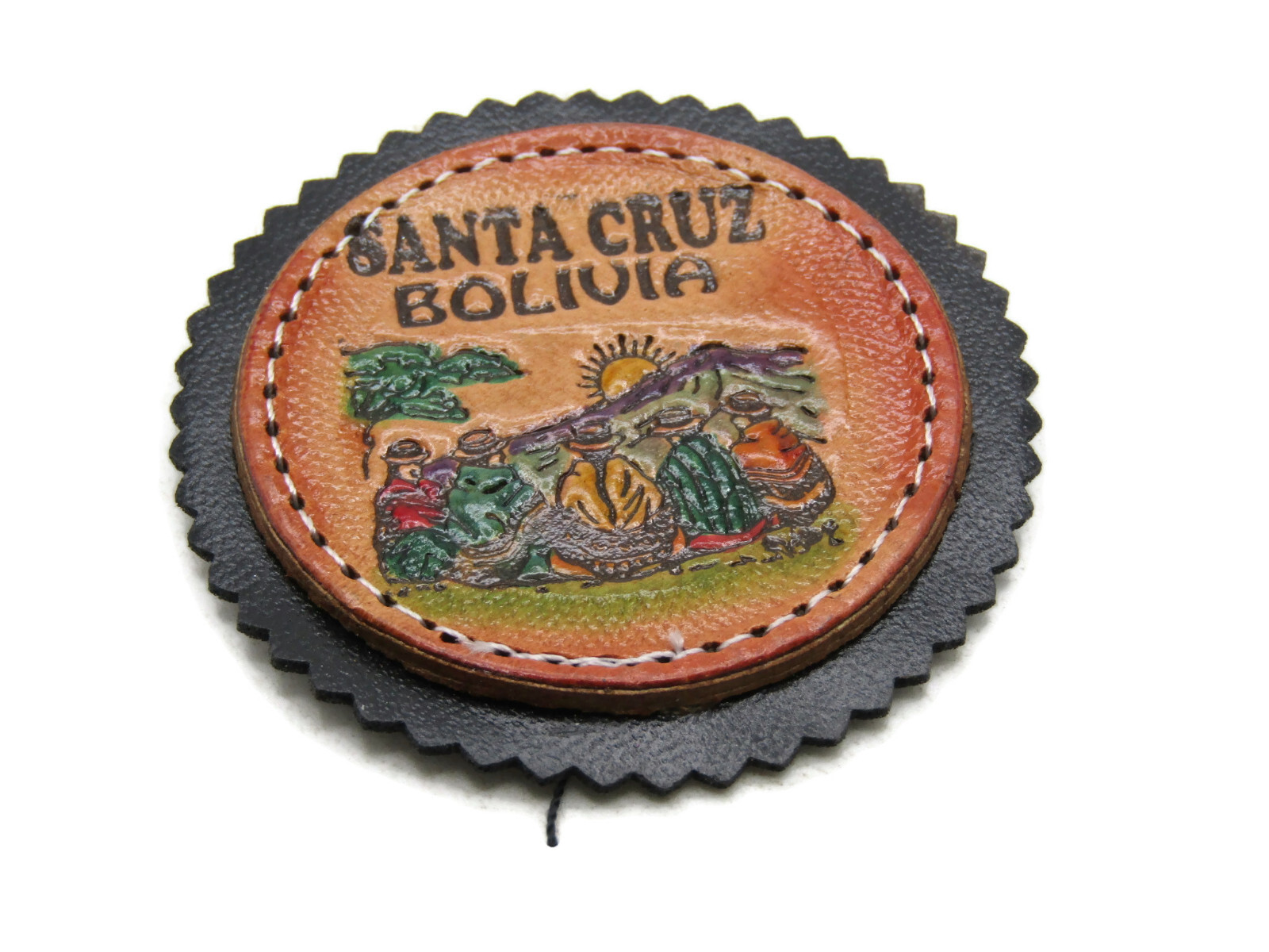 Tooled Leather Patch Santa Cruz Bolivia Souvenir Folk Art Scene Scalloped Edge