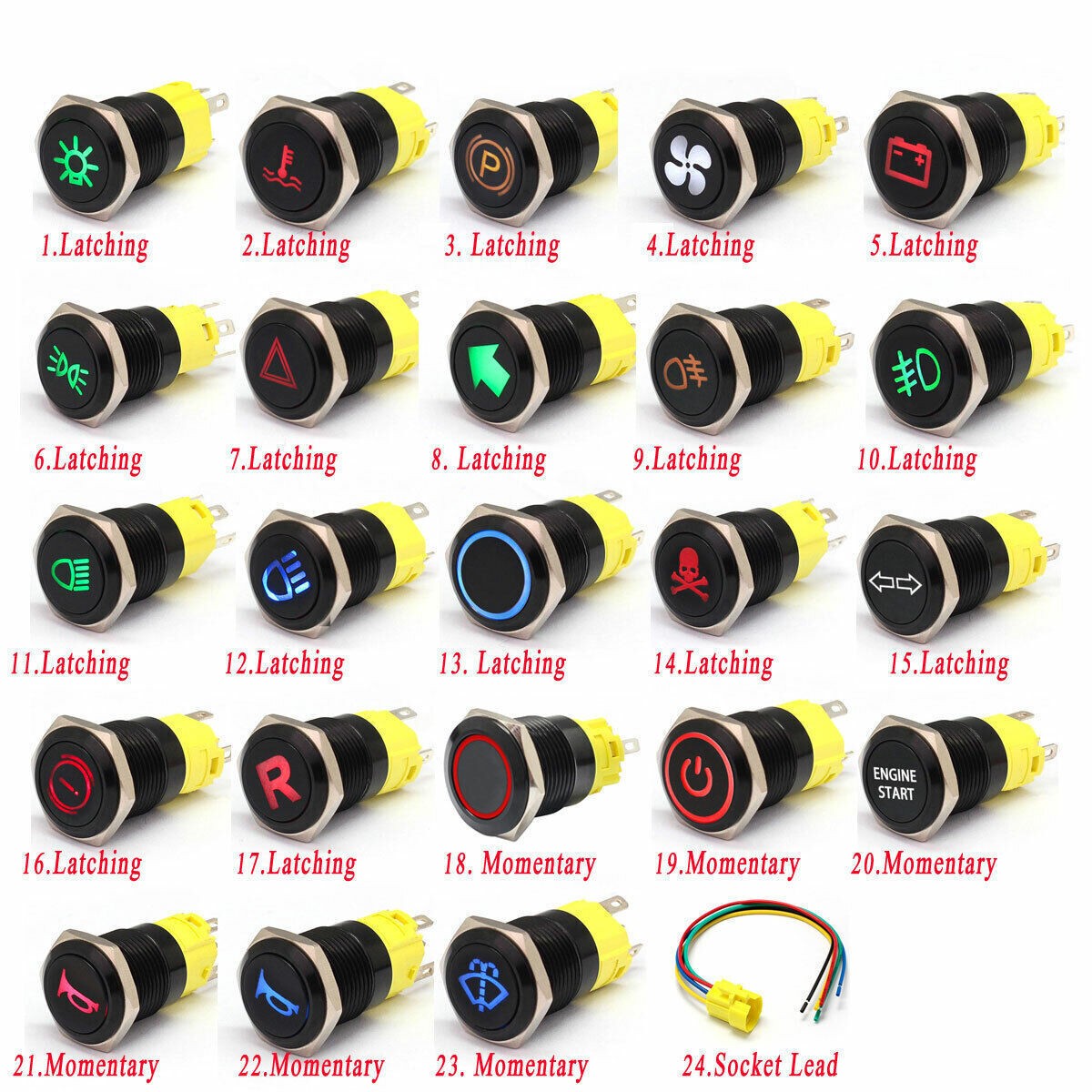 16mm Push Button Switch Momentary Latching 12V 24V LED Aluminum Metal Car Boat