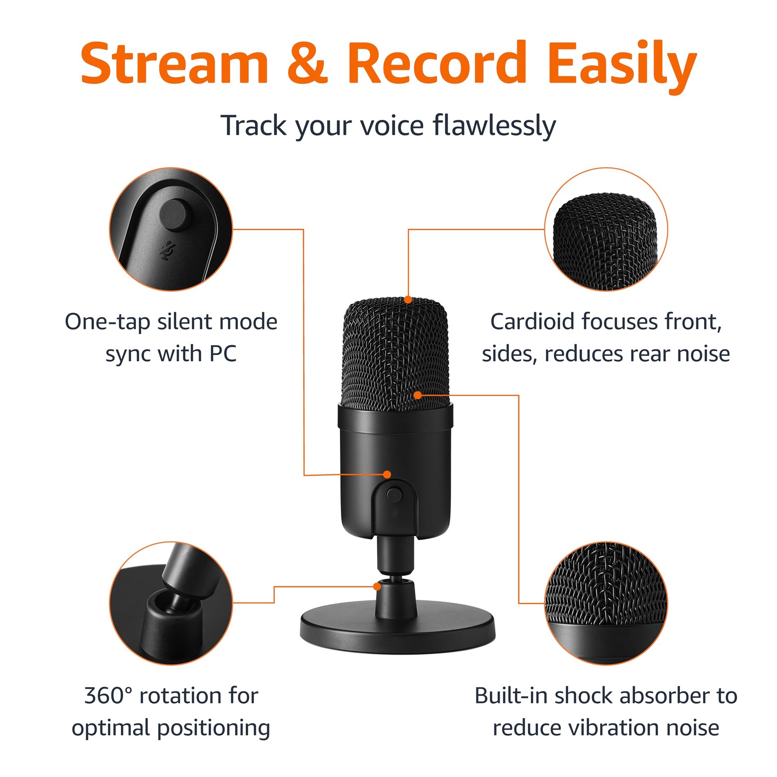 Amazon Basics USB Condenser Microphone for Streaming, 5.8 x 3.4 inches, Black