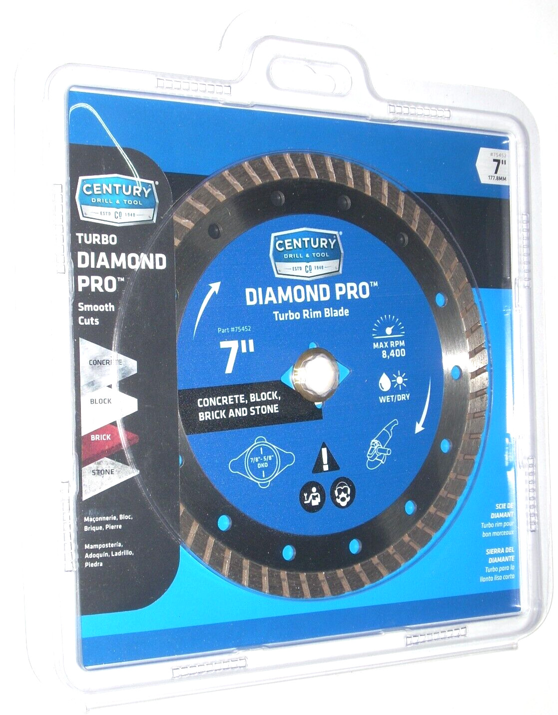 Century Turbo Diamond Blade 7 x 5/8-7/8 Smooth Cut Concrete Brick Stone - 75452