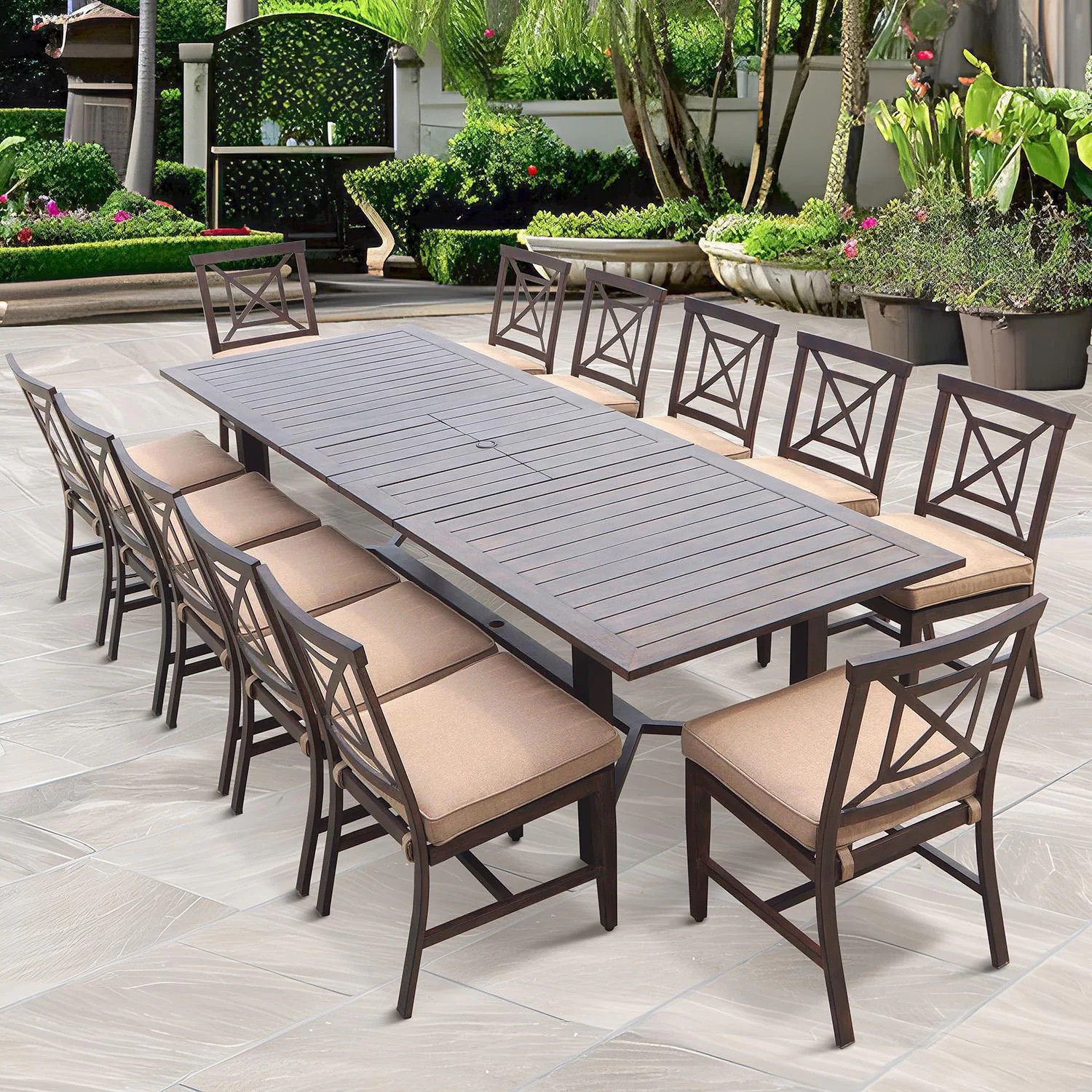 Atlantis 13 Pc Aluminum Dining Set 91 X 40 Inch Extension Table in Walnut/Beige