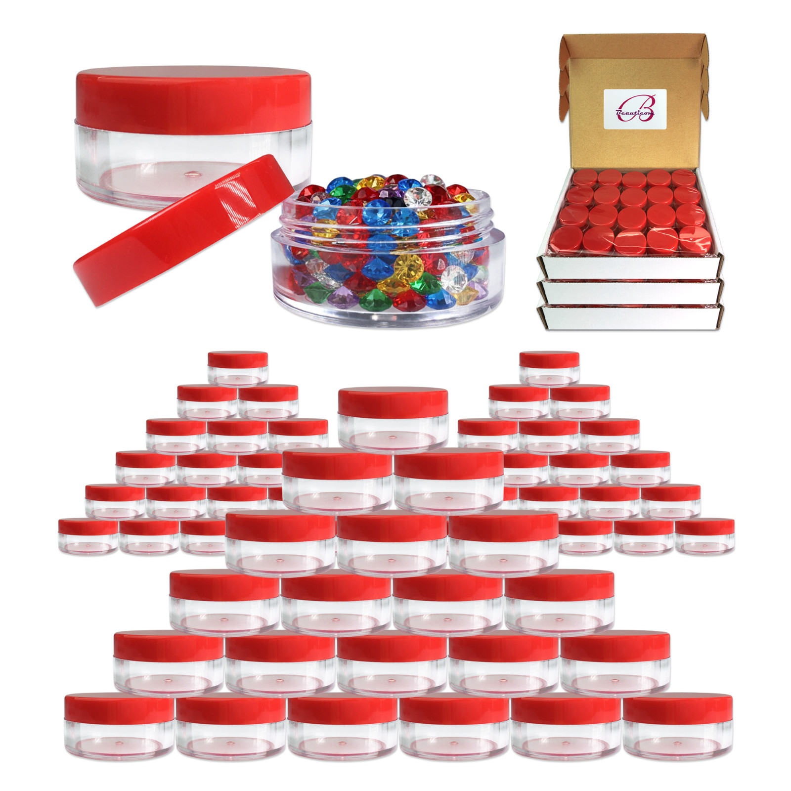 300 Pieces 10G/10ML Round Cosmetic Cream Clear Plastic Sample Pot Jars Red Lids