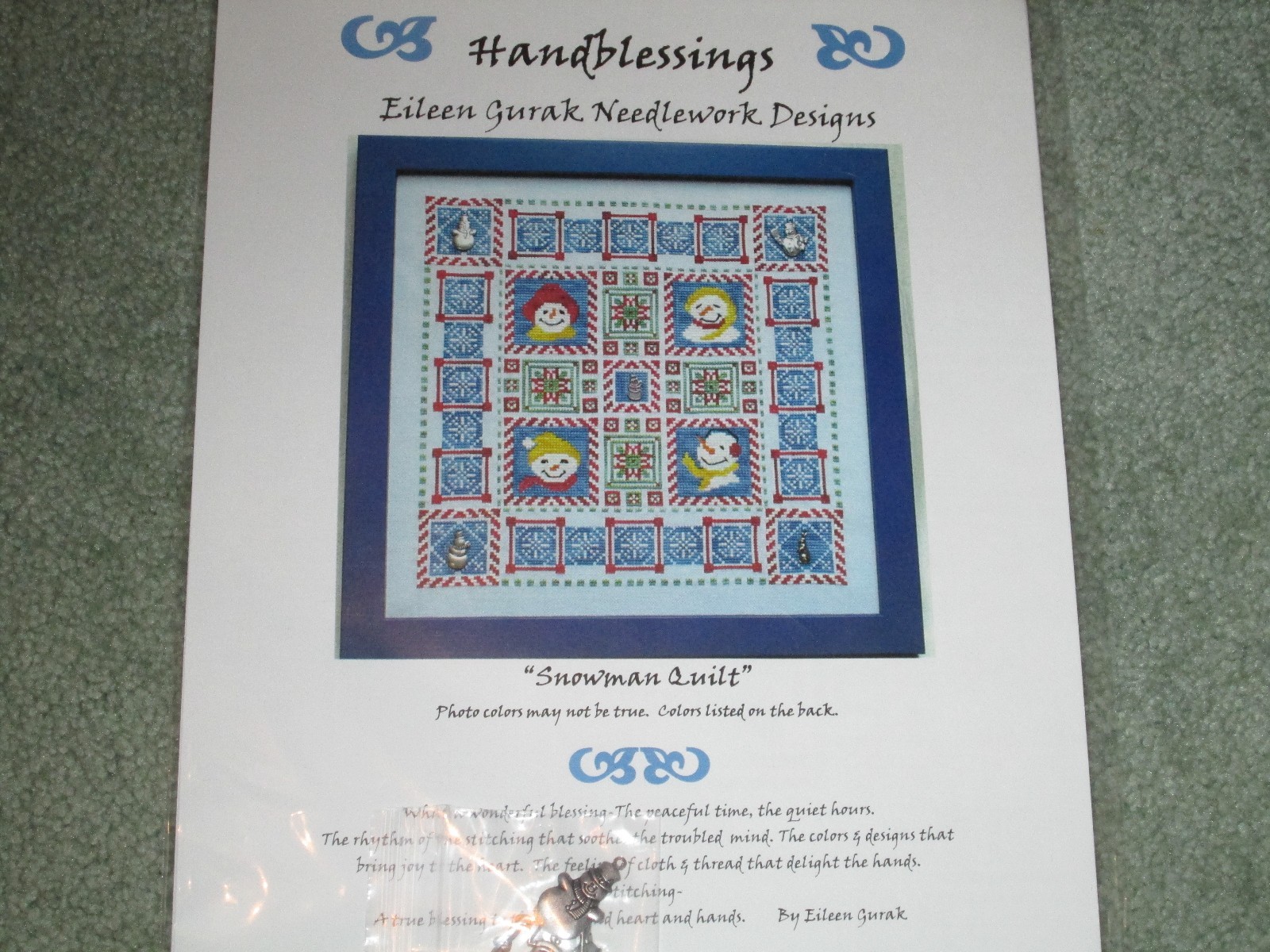 NEW & RARE HANDBLESSINGS "SNOWMAN QUILT" CROSS STITCH CHART & CHARMS