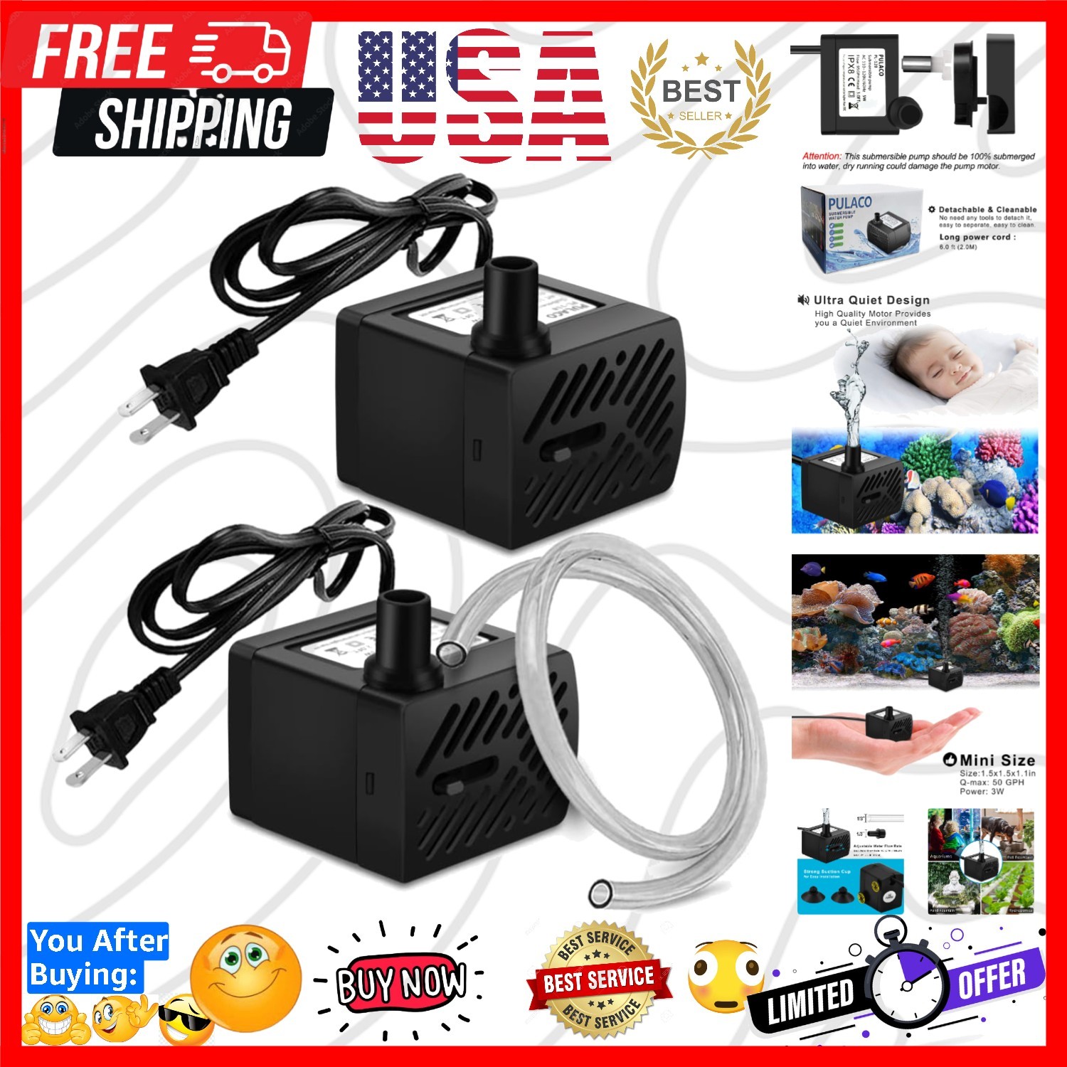2Pcs Mini Fountain Pump 50GPH 3W, Ultra Quiet Submersible Water Pump for Aqua...