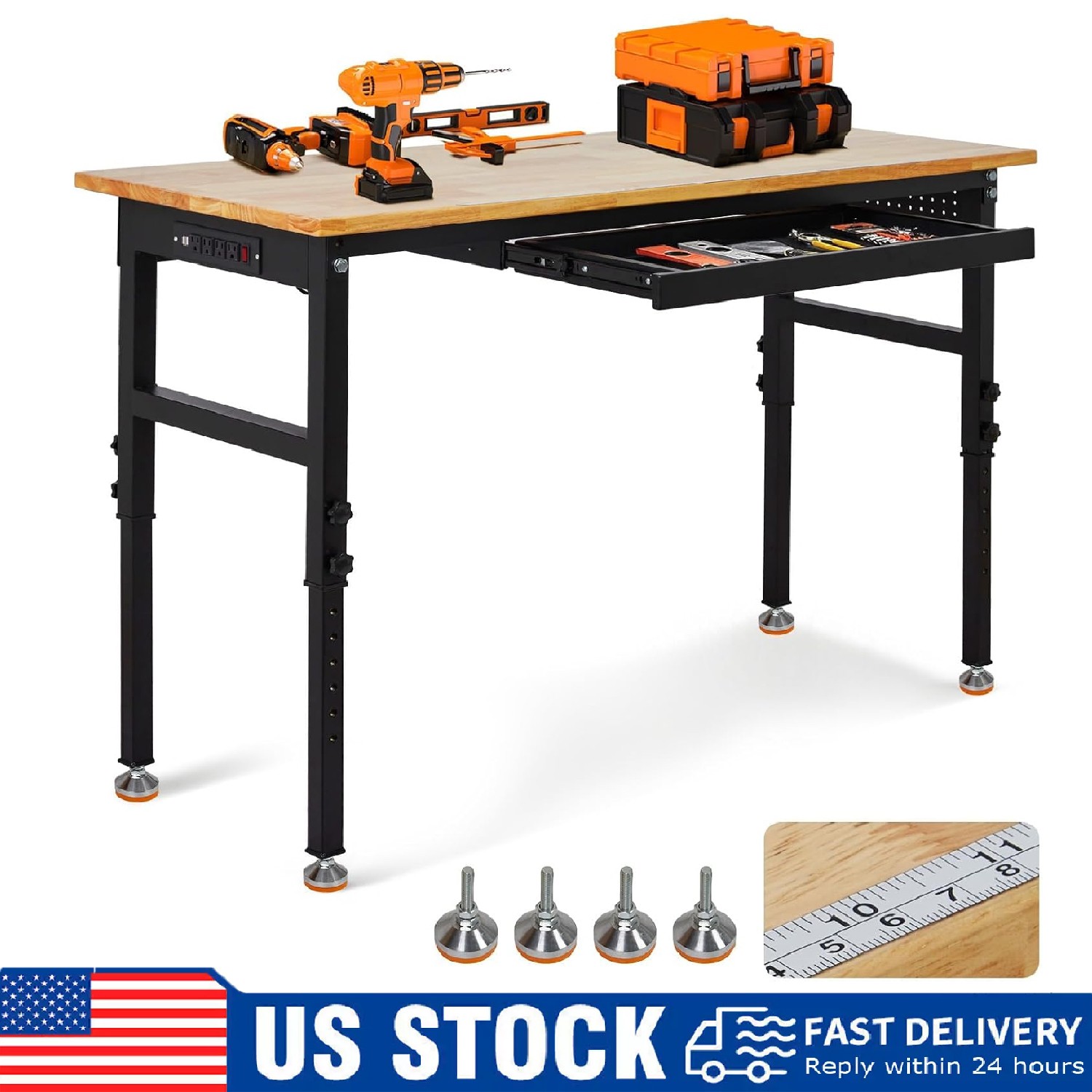 60" Heavy Duty Workbench 2000Lbs Adjustable Work Bench w/ Power Outlets & Drawer