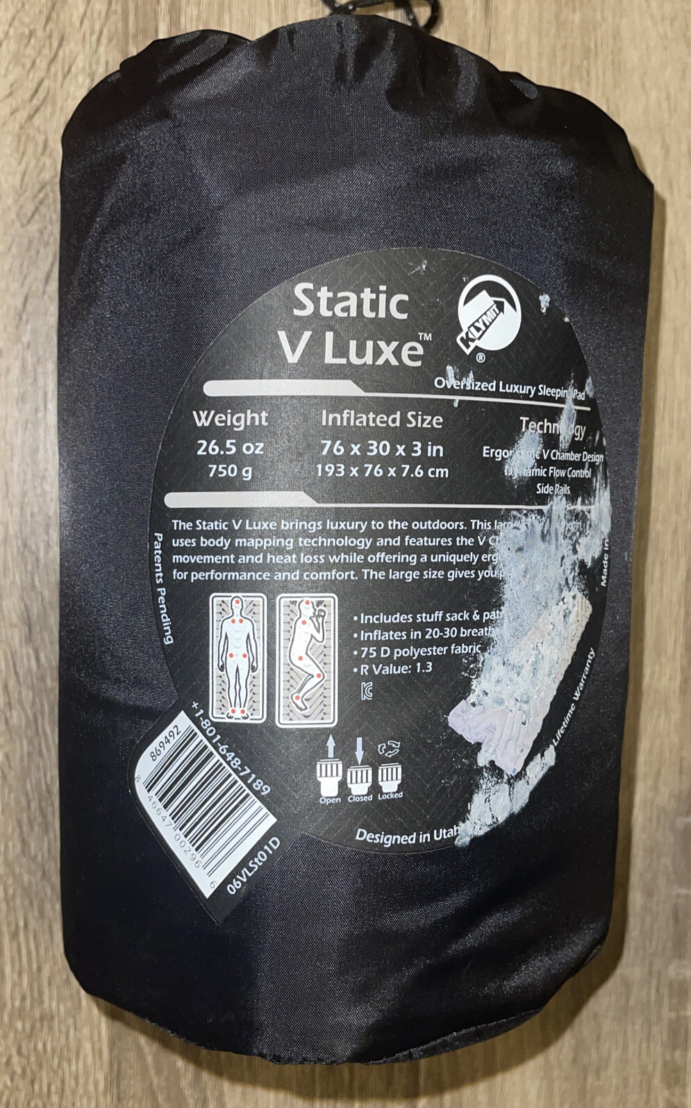 Klymit Static V Luxe Sleeping Air Pad (Grey), 30” X 76” X 3”