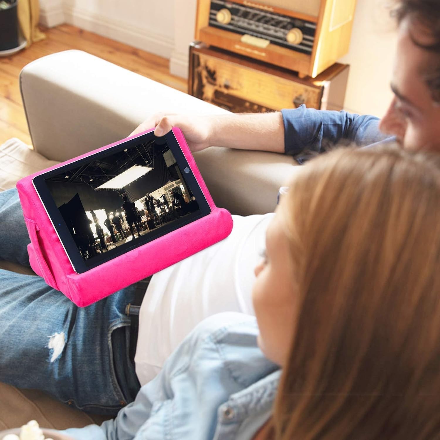 Universal Multi-Angle Tablet Holder - Soft Pad Stand with Net Pocket & Phone ...