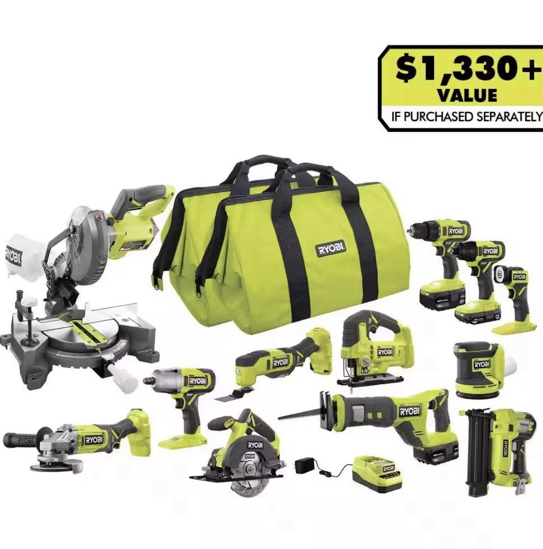 Ryobi ONE+ 18V Li-Ion Cordless Power Tool Set, 11 Tools, 4 Batteries