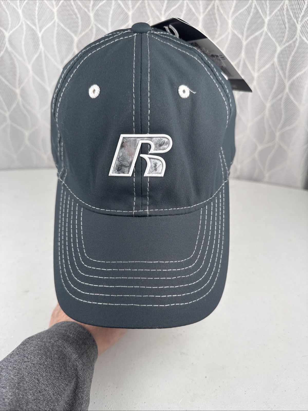 Russell R White Shiny on Gray Blue Hat Cap S/M Hook Loop NWT