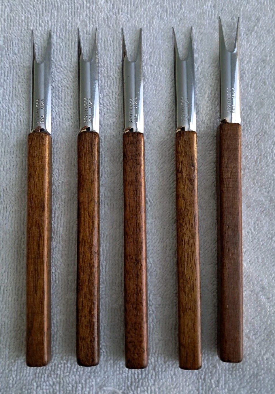 Vintage Mid Century Modern Stainless & Wood 6" Cocktail Fork DAL USA Lot of 5