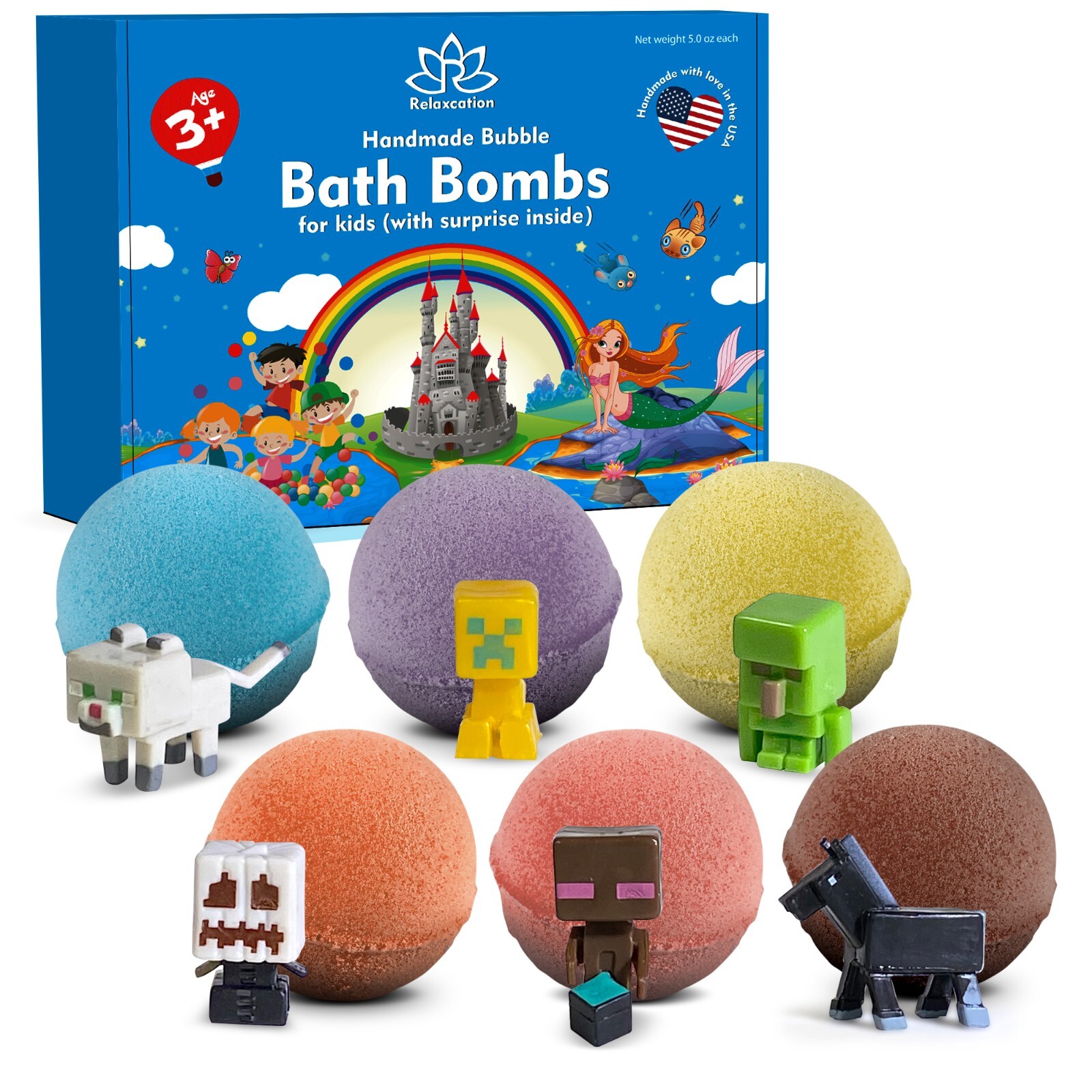 6 Bath Bombs Gift Set for Kids with Surprise MINECRAFTER Toys Inside - USA Made