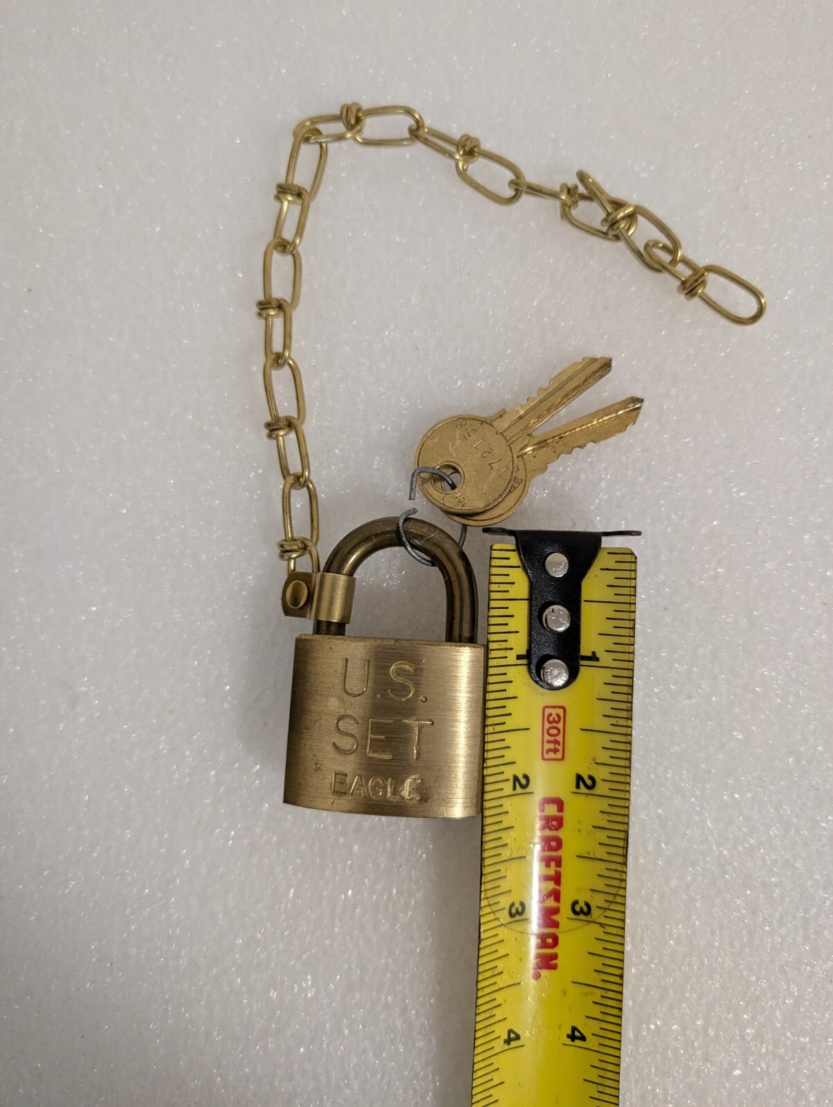 U.S. Eagle Pad Lock Military Issued Solid Brass with Two Keys and Chain Vtg