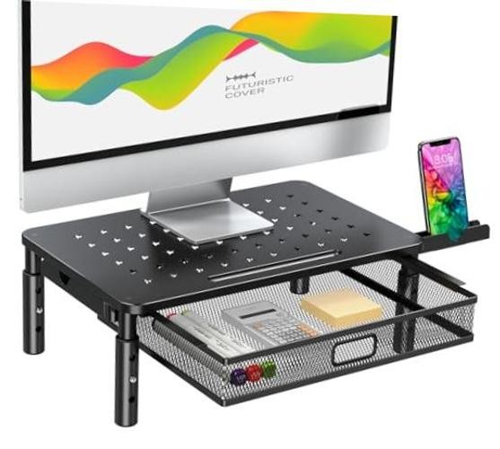 Monitor Stand Riser with Metal Mesh Drawer, Height Adjustable with Phone