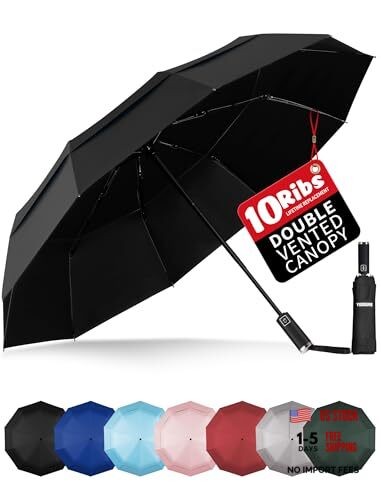 Windproof Travel Umbrella with Wood Handle - Double Vented Canopy-Black