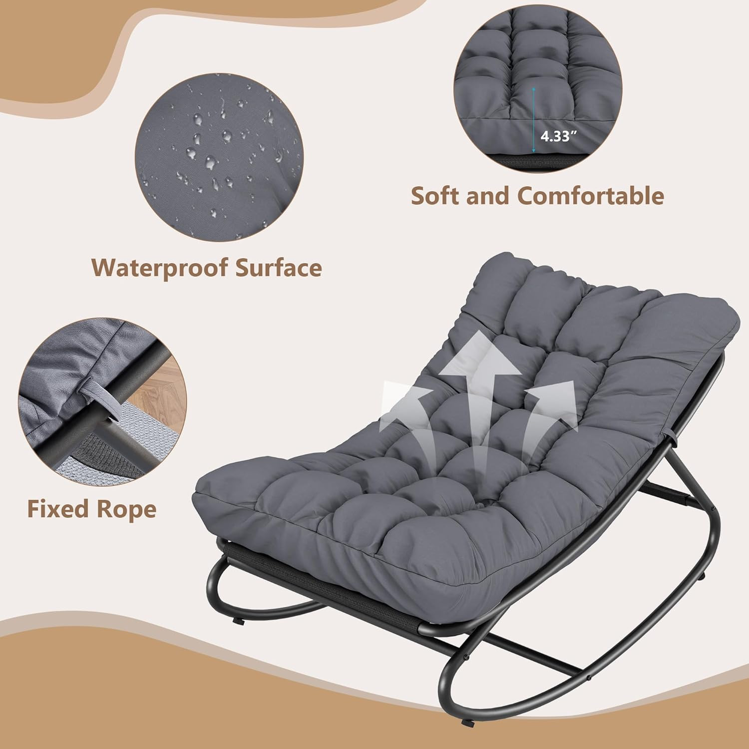 Papasan Rocking Chair, Indoor Outdoor Metal Patio Rocker with Comfy Cushion, 300